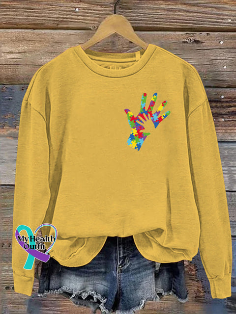 Autism Big Hands Bow Print Casual Sweatshirt Yellow / S