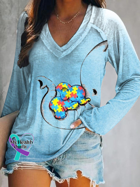 Autism Elephant Little Elephant Printed V-Neck Long Sleeve Top Multicolor / S