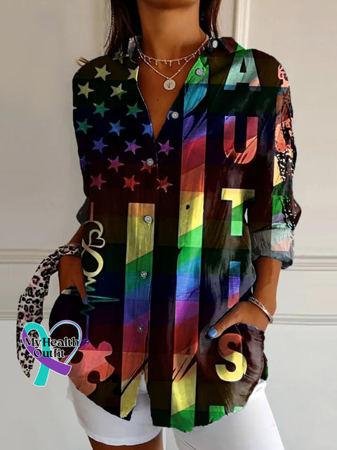Autism Flag Print Casual Cotton Linen Shirt Multicolor / S
