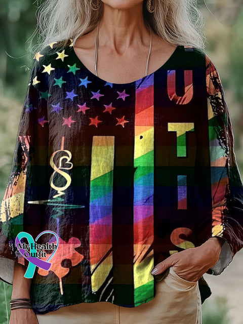 Autism Flag Print Casual Crew Neck Cotton Top Multicolor / S