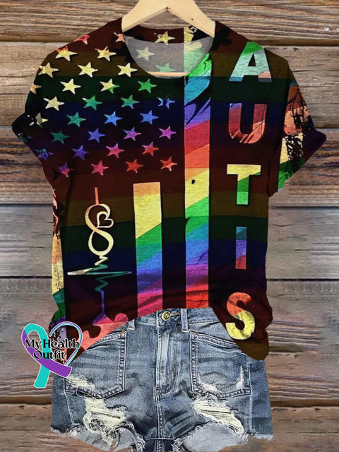 Autism Flag Print Casual Round Neck Short Sleeve T-Shirt Multicolor / S