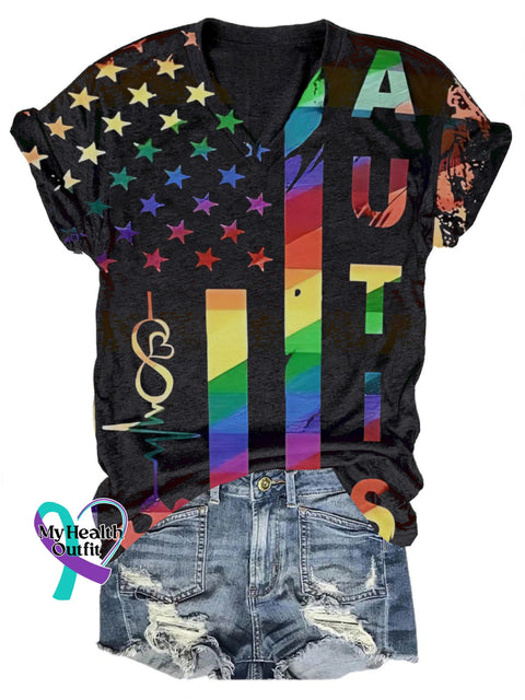 Autism Flag Print Casual V-Neck Short Sleeve T-Shirt Multicolor / S