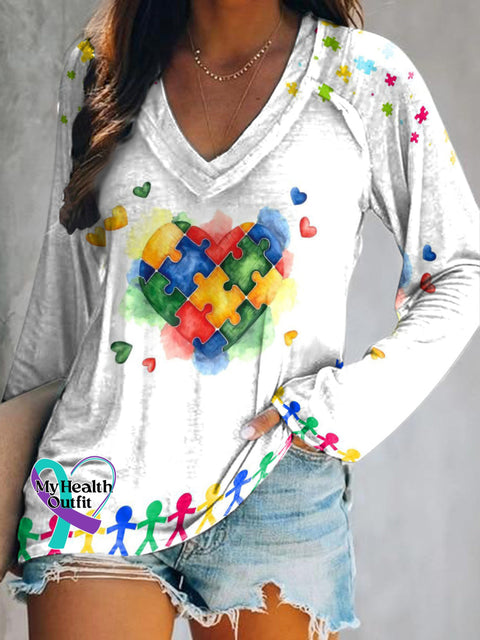 Autism Gradient Heart Print V-Neck Long Sleeve Top Multicolor / S