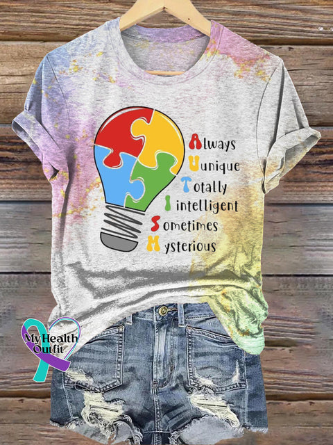 Autism Light Bulb Print Casual Round Neck Short Sleeve T-Shirt Multicolor / S