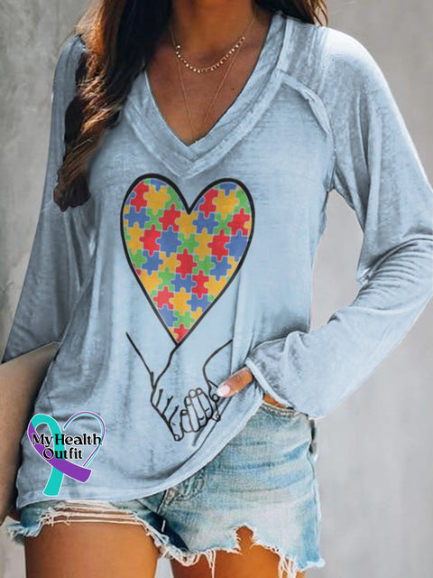 Autism Love Puzzle Handshake Print V-Neck Long Sleeve Top Multicolor / S