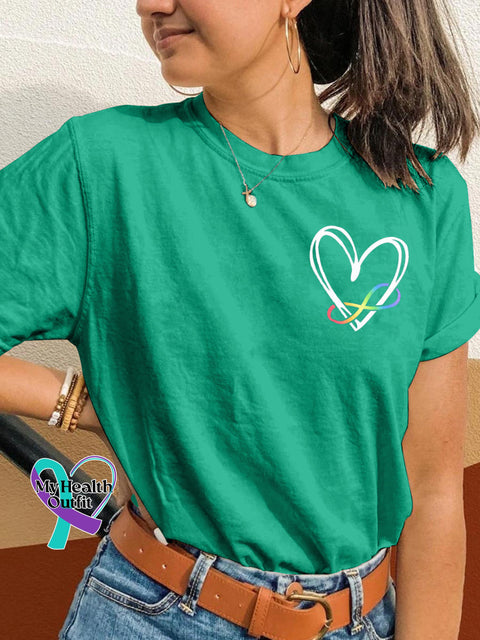 Autism Love Rainbow Ribbon Print Casual Round Neck Short Sleeve T Shirt Green / S