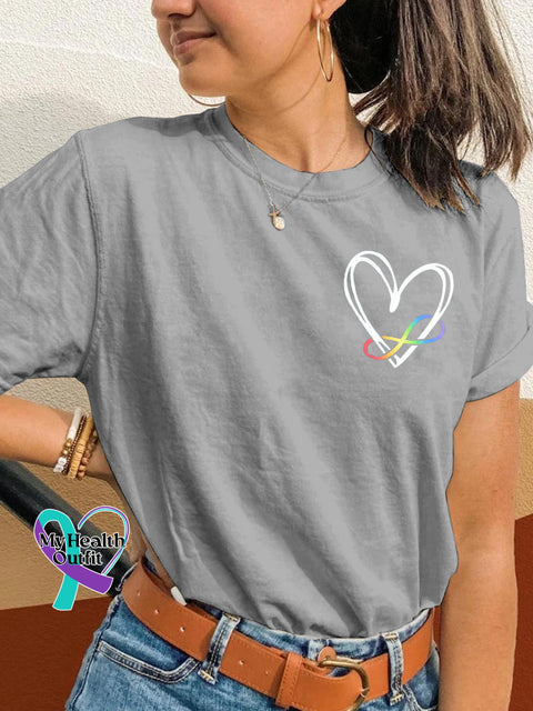Autism Love Rainbow Ribbon Print Casual Round Neck Short Sleeve T Shirt Grey / S