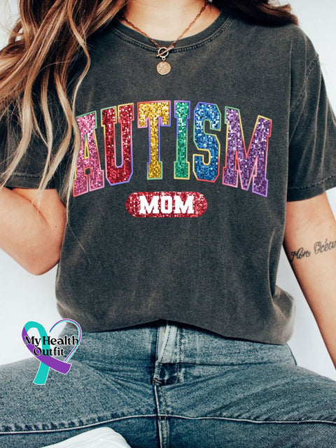 Autism Mom Embroidery Awareness Month Print T-Shirt Charcoal Gray / S