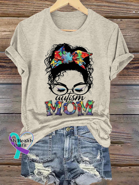 Autism Mom Printed Casual Crew Neck Short Sleeve T-Shirt Beige / S