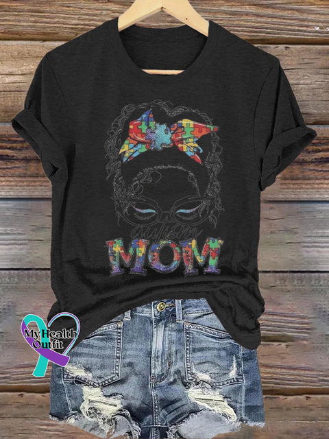 Autism Mom Printed Casual Crew Neck Short Sleeve T-Shirt Black / S