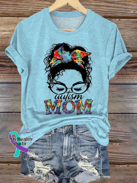 Autism Mom Printed Casual Crew Neck Short Sleeve T-Shirt Blue / S