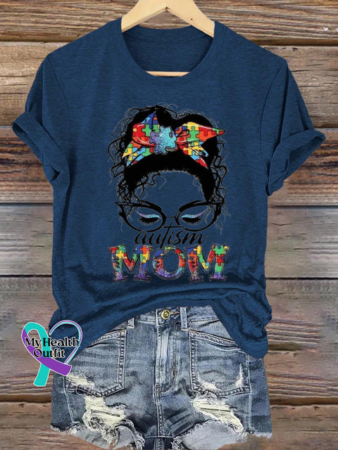 Autism Mom Printed Casual Crew Neck Short Sleeve T-Shirt NavyBlue / S