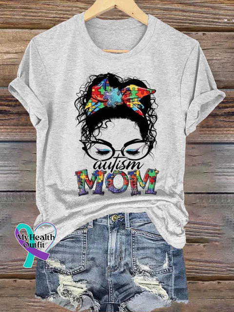 Autism Mom Printed Casual Crew Neck Short Sleeve T-Shirt White / S