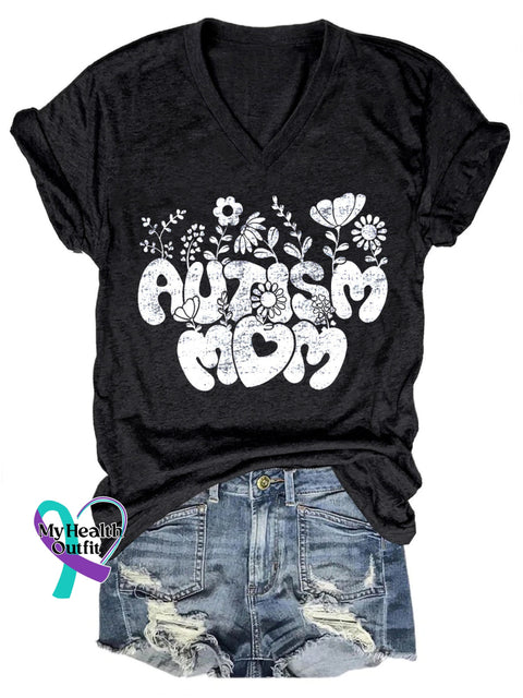 Autism Mom Printed Casual V-Neck Short Sleeve T-Shirt Black / S