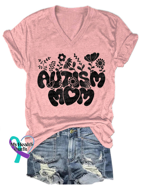 Autism Mom Printed Casual V-Neck Short Sleeve T-Shirt Pink / S