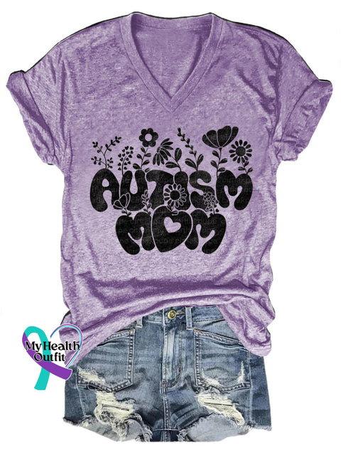 Autism Mom Printed Casual V-Neck Short Sleeve T-Shirt Purple / S