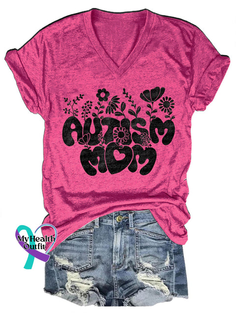 Autism Mom Printed Casual V-Neck Short Sleeve T-Shirt RoseRed / S