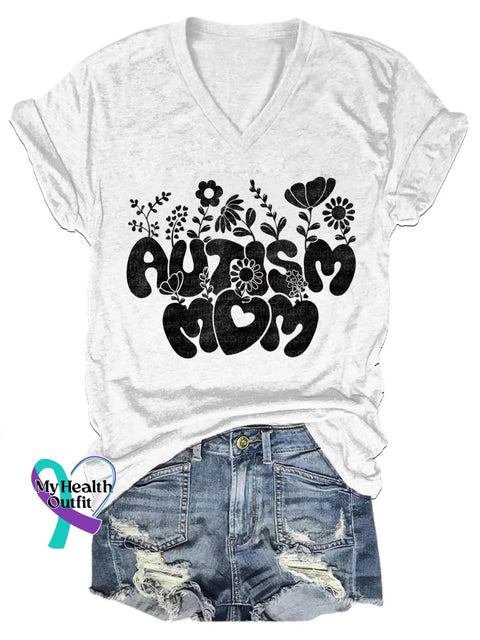 Autism Mom Printed Casual V-Neck Short Sleeve T-Shirt White / S