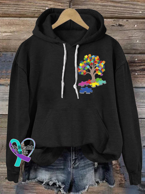 Autism Puzzle Big Tree Print Casual Hoodie Black / S