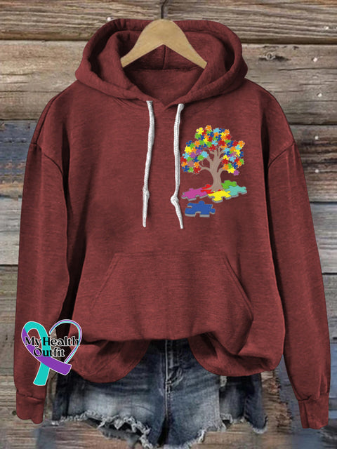 Autism Puzzle Big Tree Print Casual Hoodie Brown / S