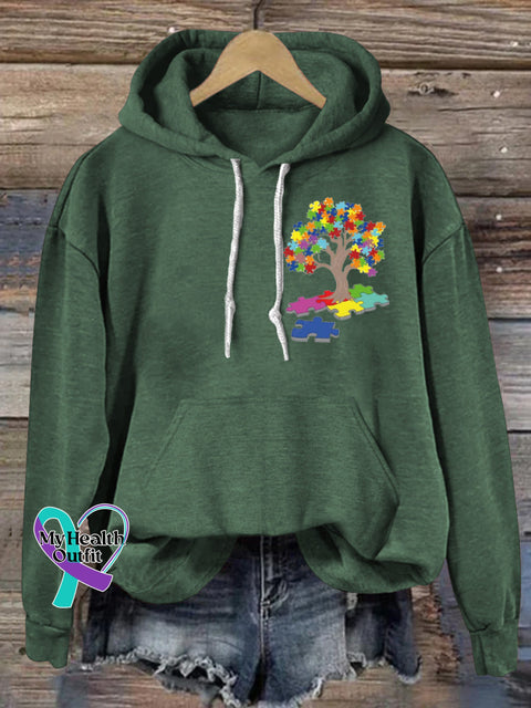 Autism Puzzle Big Tree Print Casual Hoodie Green / S