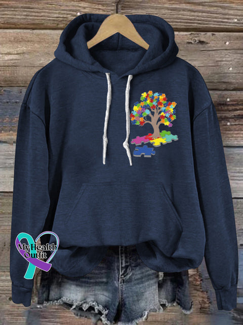 Autism Puzzle Big Tree Print Casual Hoodie NavyBlue / S