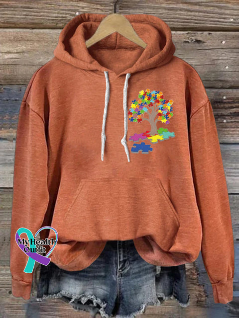 Autism Puzzle Big Tree Print Casual Hoodie Orange / S