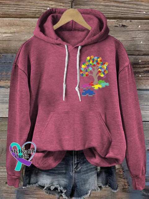 Autism Puzzle Big Tree Print Casual Hoodie Pink / S