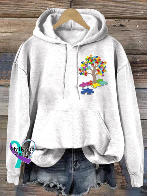Autism Puzzle Big Tree Print Casual Hoodie White / S