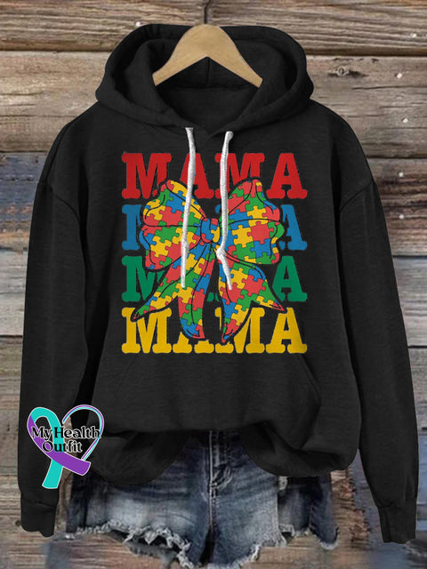 Autism Puzzle Bow MAMA Print Casual Round Neck Short Sleeve T-Shirt Black / S