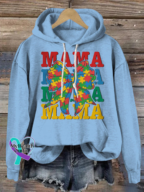 Autism Puzzle Bow MAMA Print Casual Round Neck Short Sleeve T-Shirt LightBlue / S