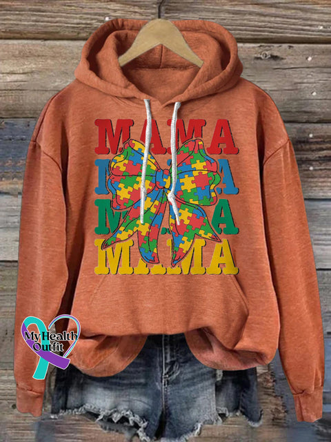 Autism Puzzle Bow MAMA Print Casual Round Neck Short Sleeve T-Shirt Orange / S