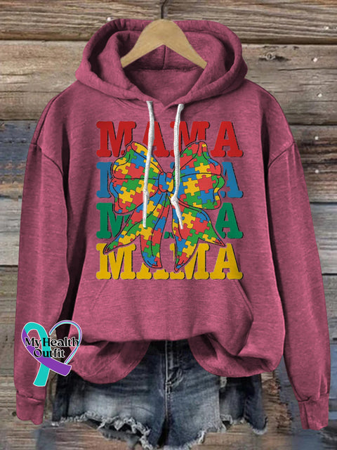 Autism Puzzle Bow MAMA Print Casual Round Neck Short Sleeve T-Shirt RoseRed / S