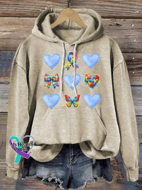 Autism Puzzle Ribbon Bow Heart Print Casual Hoodie Beige / S