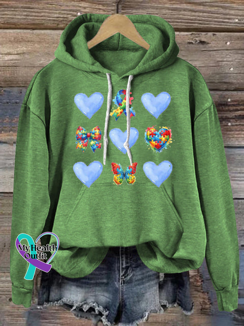Autism Puzzle Ribbon Bow Heart Print Casual Hoodie Green / S