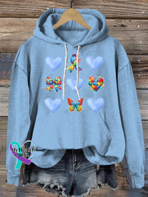 Autism Puzzle Ribbon Bow Heart Print Casual Hoodie LightBlue / S