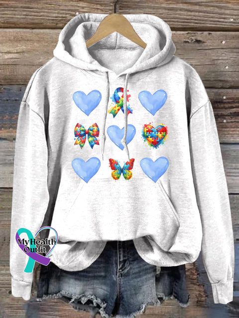 Autism Puzzle Ribbon Bow Heart Print Casual Hoodie White / S