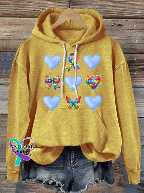 Autism Puzzle Ribbon Bow Heart Print Casual Hoodie Yellow / S