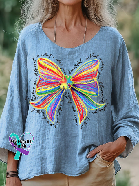Autism Rainbow Bow Print Casual Cotton and Linen Top Multicolor / S