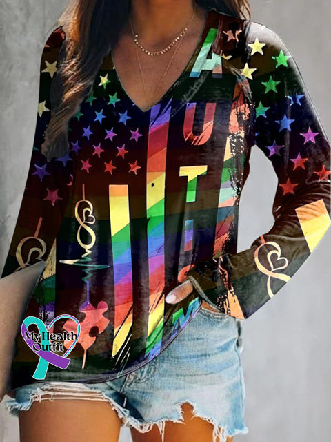 Autism Rainbow Flag Print V-Neck Long Sleeve Top Multicolor / S