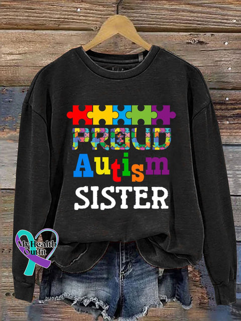 Autism Sister Print Casual Sweatshirt Black / S