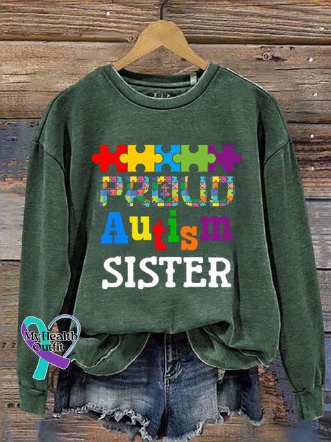 Autism Sister Print Casual Sweatshirt Green / S