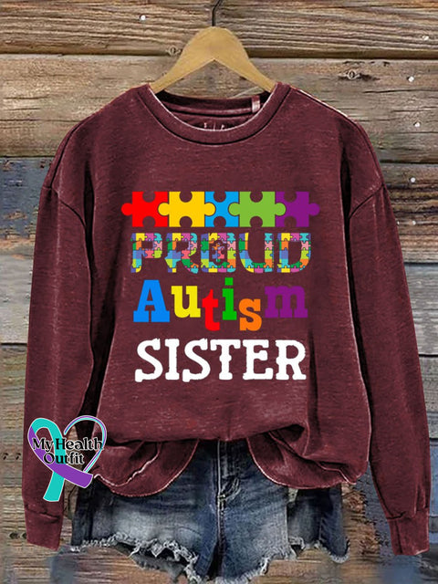 Autism Sister Print Casual Sweatshirt Red / S