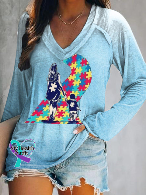 Autistic Mother and Child Printed V-Neck Long Sleeve Top Multicolor / S