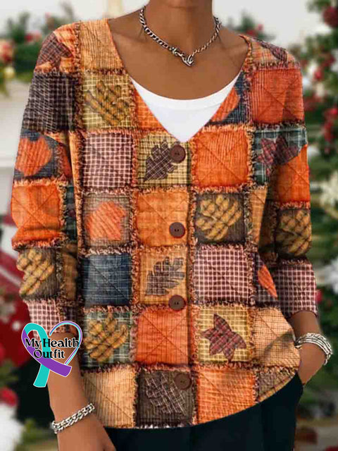 Autumn Art Print Buttoned V-neck Cardigan Sweater Multicolor / S