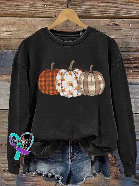 Autumn Fall Checkered Pumpkin Print Casual Sweatshirt Black / S