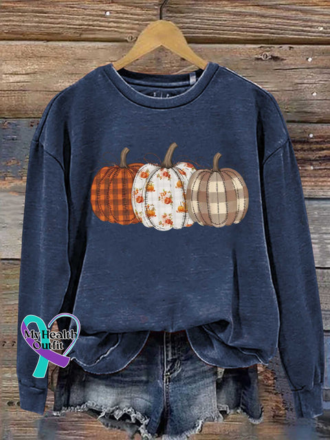 Autumn Fall Checkered Pumpkin Print Casual Sweatshirt Blue / S