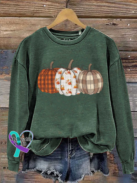 Autumn Fall Checkered Pumpkin Print Casual Sweatshirt Green / S