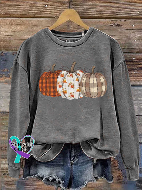 Autumn Fall Checkered Pumpkin Print Casual Sweatshirt Grey / S