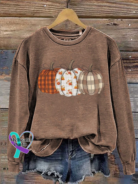 Autumn Fall Checkered Pumpkin Print Casual Sweatshirt Khaki / S